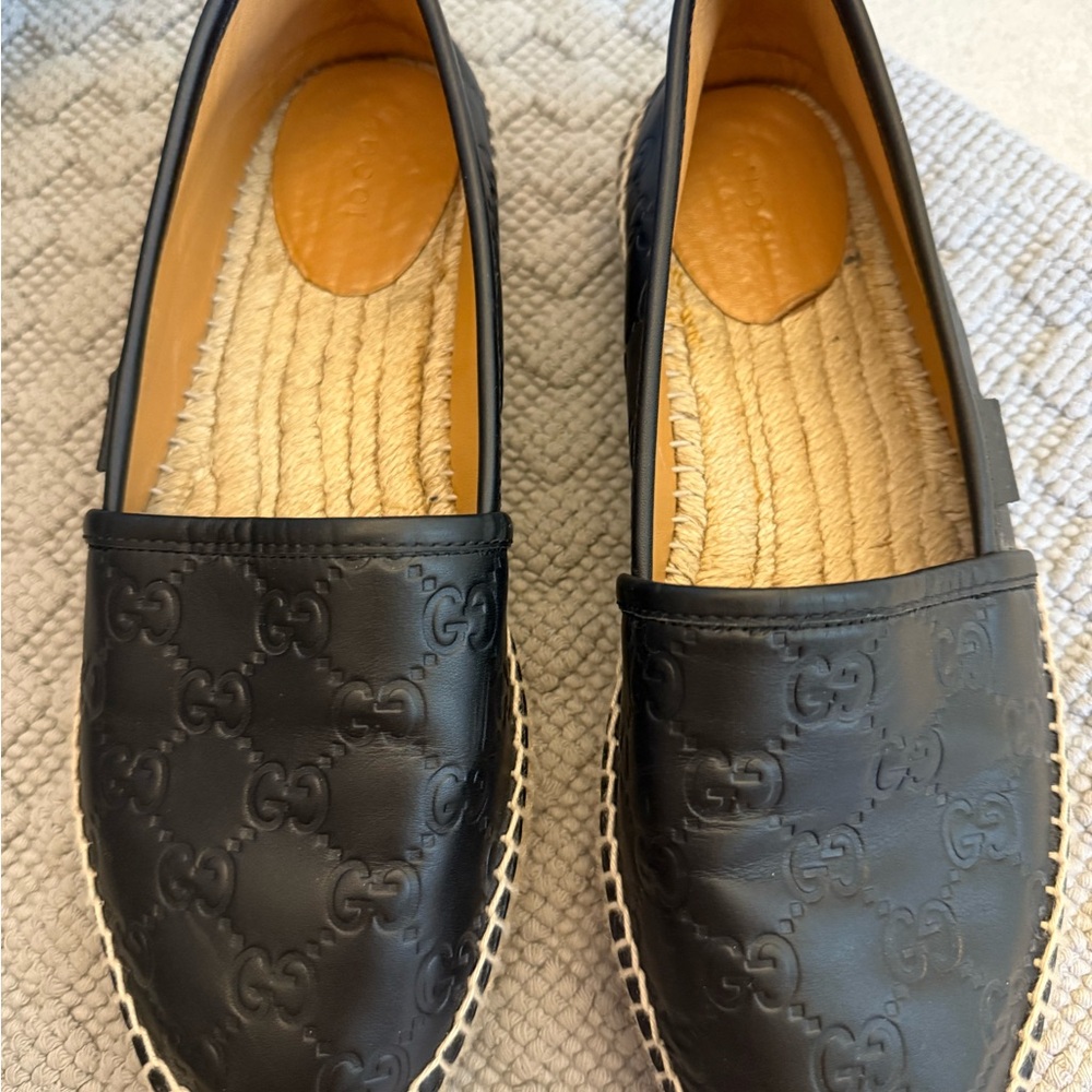 Gucci Black Embossed Leather Espadrilles with Jute Trim
